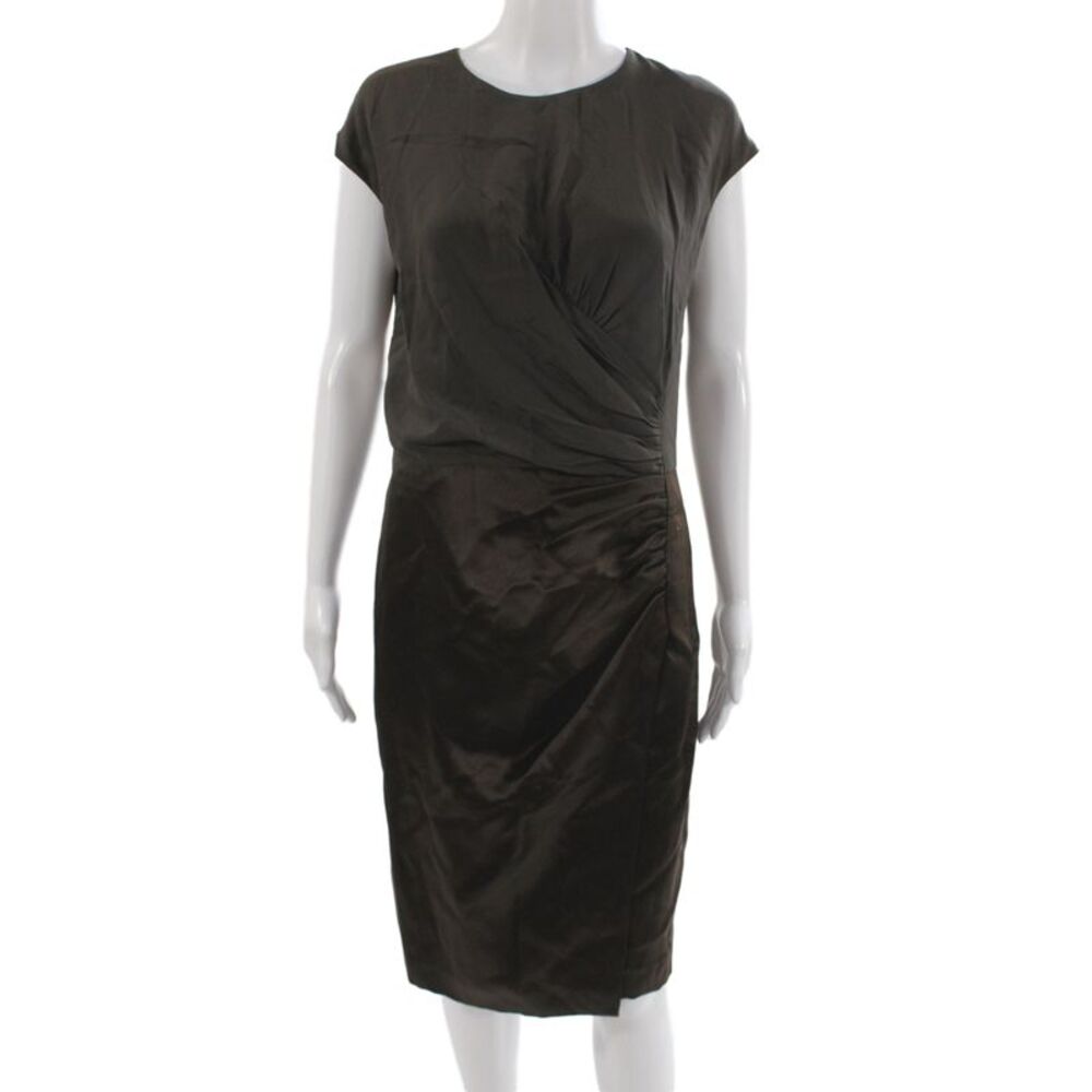 Etro Women Brown Sheath Dress Short Sleeve Round Neck Mid Calf Zip Size 46